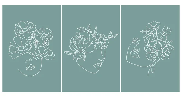 Affischset Konturporträtt Kvinnliga Ansikten Med Blommor Vit Kontur Smaragd Bakgrund — Stock vektor