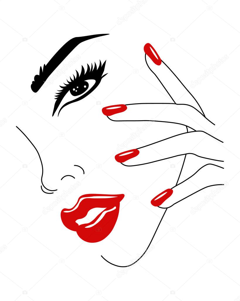 Beauty logo, woman's face with red lips and hand. Black outline and red color, line art, wall art, poster. Vector illustration