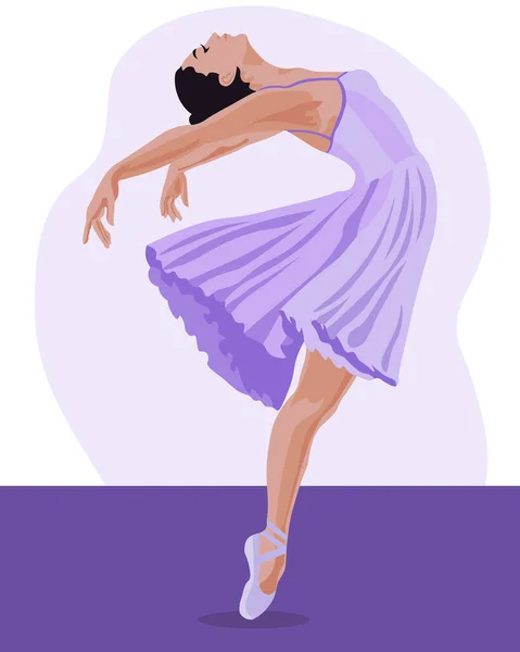 イラスト 繊細なライラックドレスのダンスバレリーナと大都市の抽象的な背景に靴を指す ダンスのレッスン クリップアートのポスター — ストックベクタ