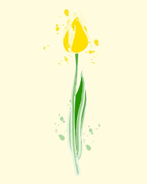 Акварельная Иллюстрация Окрашенный Желтый Тюльпан Стебле Белом Фоне Акварельными Брызгами — стоковый вектор