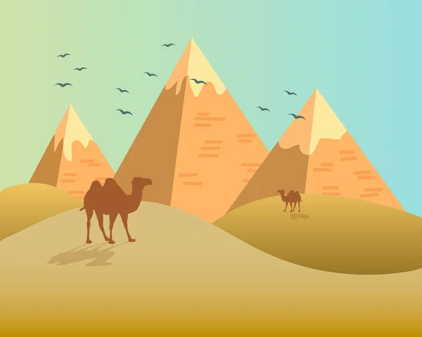 Landscape Illustration Desert Egyptian Pyramids Camels Birds Daylight Background Beige — Stock Vector