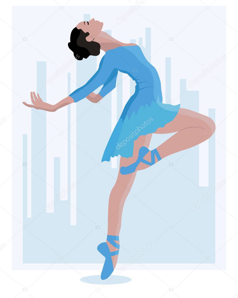 Illustration, a dancing ballerina in a delicate blue dress and pointe shoes on an abstract background of a big city. Poster for dance lessons, clip art