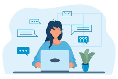 İllüzyon, bilgisayarda çalışan kadın, ofis konsepti. Mavi renkler. Pazarlama için tasarım