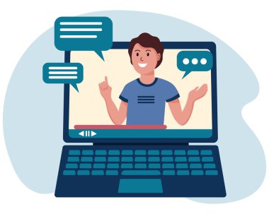 Çizim, neşeli blogcu bir adam dizüstü bilgisayardan yayın yapıyor, soyut bir arka planda video kaydediyor. Mavi renkler. Modern kavram. Vektör