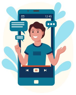 İllüzyon, neşeli bir blogcu adam telefondan yayın yapıyor, soyut bir arka planda video kaydediyor. Mavi renkler. Modern kavram. Vektör