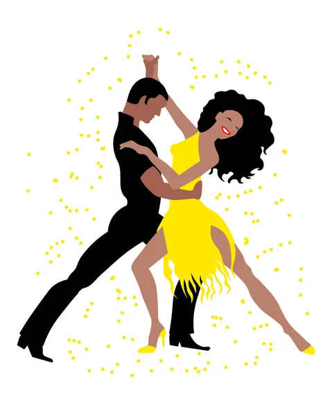 Ilustrace Tančící Pár Muž Černém Žena Žlutých Šatech Abstraktním Pozadí — Stockový vektor