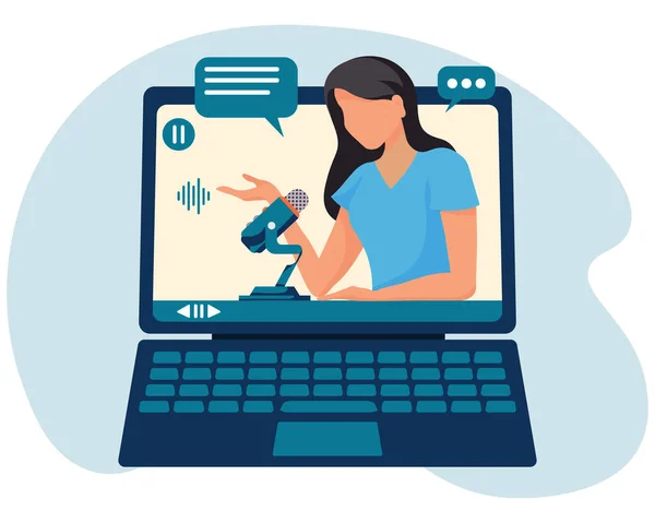 イラスト 女性ブロガー コンピュータからのマイク放送を持つテレビのプレゼンター ブログ 青い色だ 現代のコンセプト — ストックベクタ