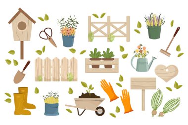 Büyük bahar seti. Bahçıvanlık. Ahşap çitler, kuş evi, çiçek kutusu, bahçe arabası, sulama tenekesi, botlar, pastel gölgelerdeki eldivenler ve aletler. Simgeler, vektör