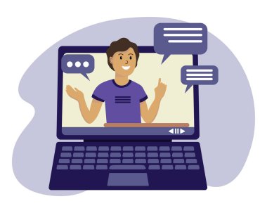 Çizim, neşeli blogcu bir adam dizüstü bilgisayardan yayın yapıyor, soyut bir arkaplanda video blogu yazıyor. Leylak renkleri. Modern konsept. Vektör