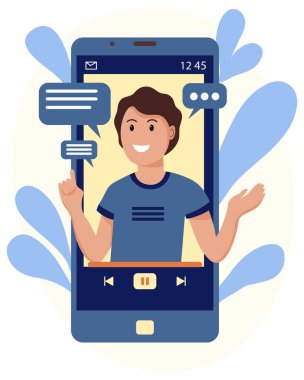 İllüzyon, neşeli bir blogcu adam telefondan yayın yapıyor, soyut bir arka planda video kaydediyor. Mavi renkler. Modern konsept. Vektör