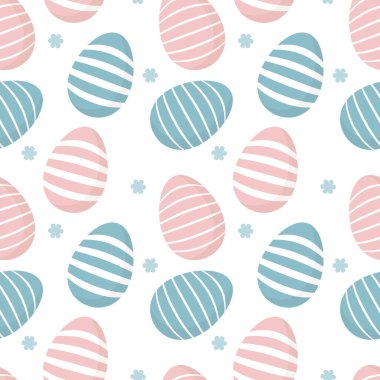 Paskalya desensiz, beyaz arka planda pastel renklere boyanmış çizgili yumurtalar. Şenlikli dekor, baskı, tekstil, kapak