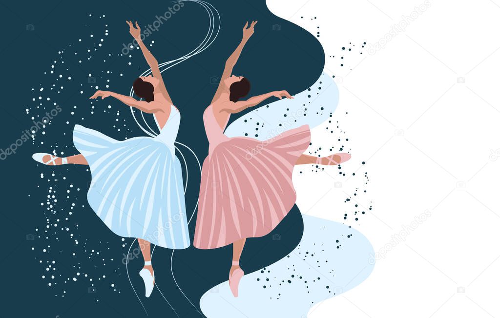 Illustration, elegant dancing ballerinas in a pink and blue dress on a contrasting background with confetti. Print, poster, vector