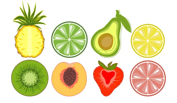 Conjunto Frutas Corte Abacaxi Kiwi Laranja Limão Abacate Pêssego Morango —  Vetores de Stock