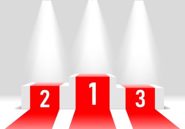 İllüstrasyon, 3D, kazananların kaidesi, parlak spot ışıkları altında kırmızı halıları olan bir podyum. Spor geçmişi, vektör