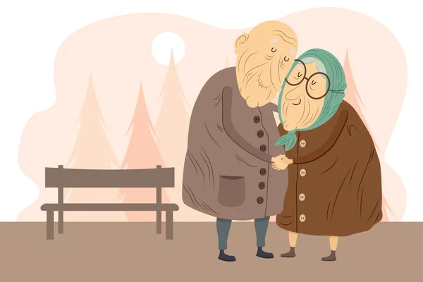 사랑에 귀여운 할아버지와 할머니 공원에서 데이트를 에스트 포스터 — 스톡 벡터