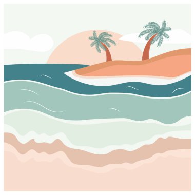 Yaz çizimleri, adadaki palmiye ağaçları, deniz ve güneş, pastel renkler. Cennet, tatil konsepti. Vektör