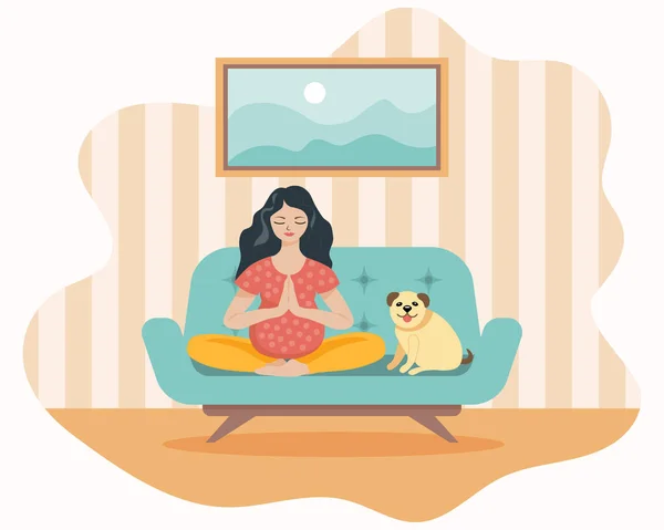 Yoga Illustratie Een Zwanger Meisje Met Een Grappige Hond Doet — Stockvector