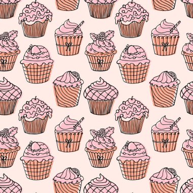 Kusursuz desenli, kremalı ve meyveli el yapımı kekler. Pastel renkler. Yazdırma, tekstil, ambalaj kağıdı