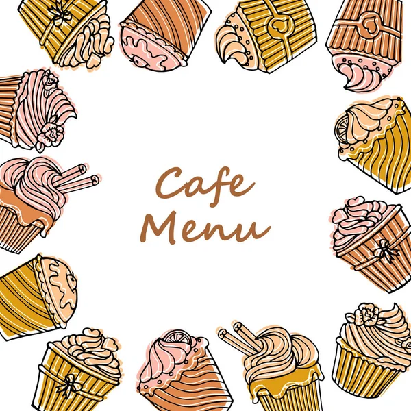 框架的文字从手绘杯蛋糕与奶油和水果 设计咖啡店和餐馆的菜单 — 图库矢量图片