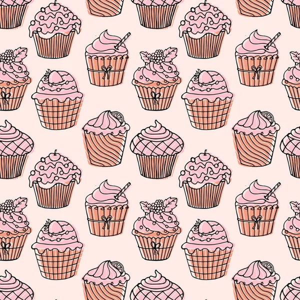 Modèle Sans Couture Cupcakes Dessinés Main Avec Crème Des Fruits — Image vectorielle