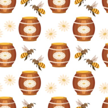 Bal aralıksız desen, bal fıçıları, arılar ve çiçekler, beyaz arka planda sarı-kahverengi renkler. Yazdır, tekstil, vektör