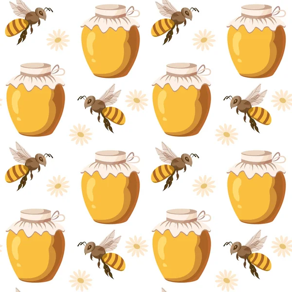 Honig Nahtlose Muster Gläser Mit Honig Bienen Und Blumen Gelb — Stockvektor