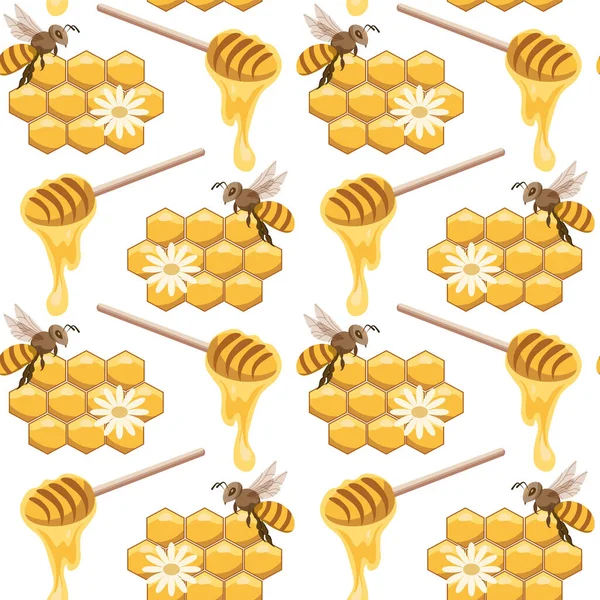 Honig Nahtlose Muster Waben Bienen Und Honig Gelb Braune Farben — Stockvektor