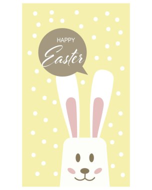 Paskalya kartı, sevimli komik tavşan ve yumuşak bir arkaplanda yazı. Bebek illüstrasyonu, baskı, vektör