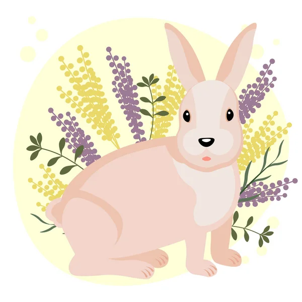 Ilustración Lindo Conejo Rosa Suave Flores Silvestres Sobre Fondo Suave — Vector de stock