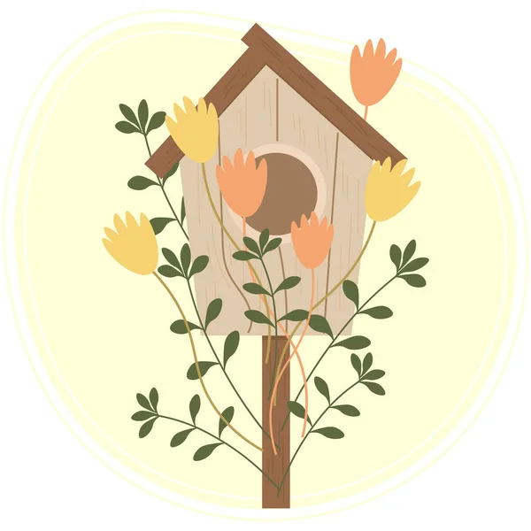 Εικονογράφηση Χαριτωμένο Ξύλινο Σπιτάκι Πουλιών Λουλούδια Τουλίπες Και Κλαδιά Φύλλα — Διανυσματικό Αρχείο