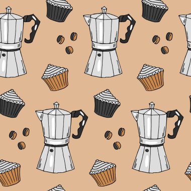 Kusursuz desen, el yapımı kahve makineleri, kek ve kahve çekirdekleri bej arka planda. Yazdır, tekstil, yiyecek ve içecekler