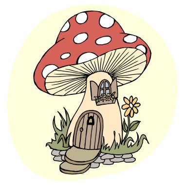 Resim, el çizimi, kapısı ve penceresi olan sihirli bir mantar evi. Çocuk baskısı, kartpostal, dekor