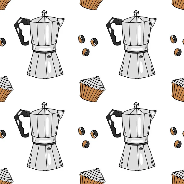 Бесшовный Узор Нарисованные Вручную Кофеварки Кексы Кофейные Зёрна Белом Фоне — стоковый вектор