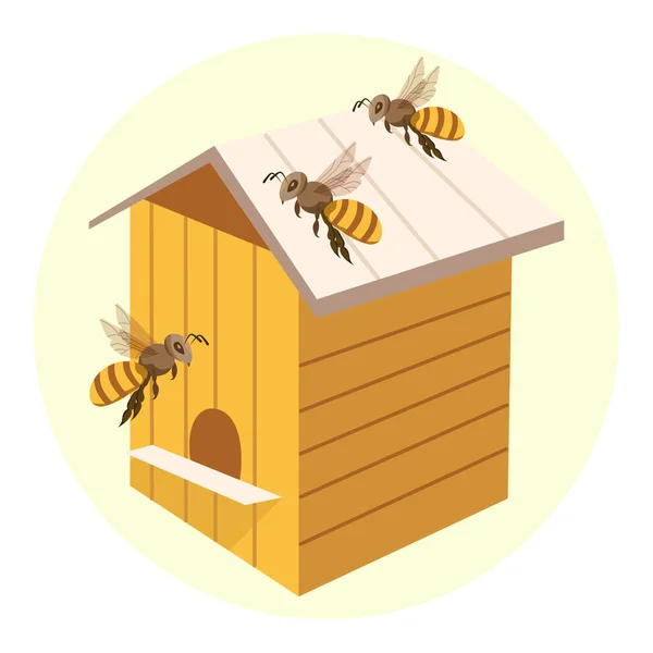 Illusztráció Méz Méhészet Fából Készült Méhkas Méhek Barna Arany Színek — Stock Vector