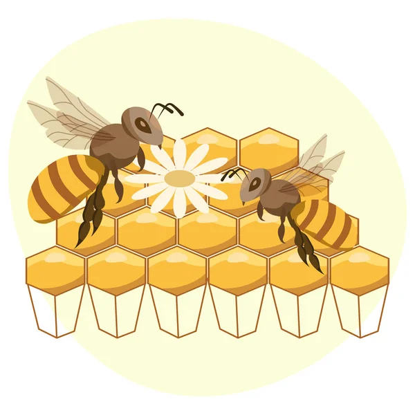 Illustration Honung Och Biodling Honungskakor Blommor Och Bin Brun Guld — Stock vektor