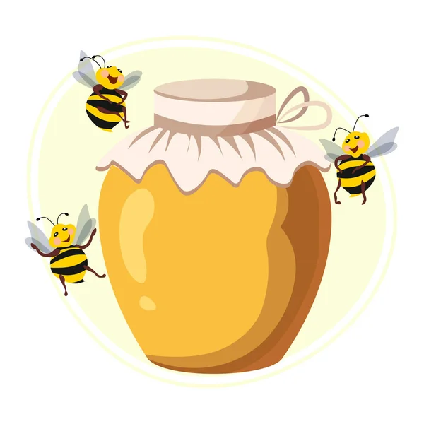 Illustration Honig Und Imkerei Glas Mit Honig Und Lustigen Bienen — Stockvektor