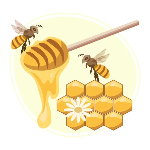 Illustration Honig Und Imkerei Honig Auf Dem Löffel Waben Und — Stockvektor