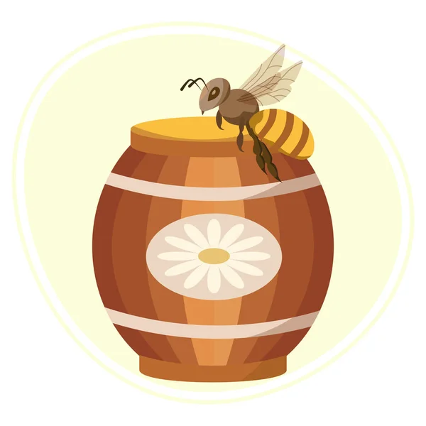Illustration Honig Und Imkerei Ein Fass Honig Und Eine Biene — Stockvektor