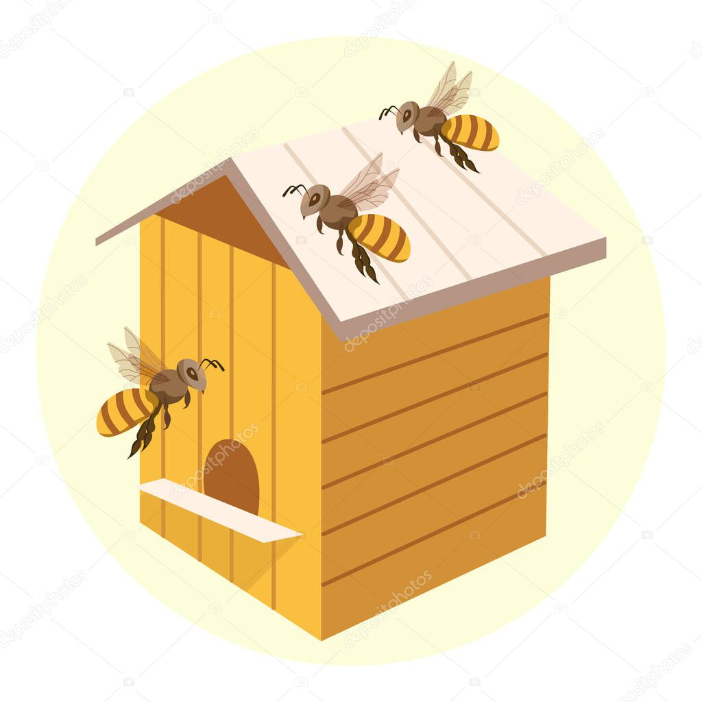 Illustration, honey and beekeeping, wooden beehive and bees. Brown-gold colors. Icon, print, vector
