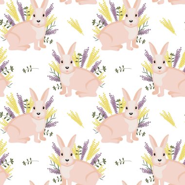 Kusursuz desen, güzel bej tavşanlar ve beyaz arka planda yabani çiçekler. Yazdırma, tekstil, duvar kağıdı, tatil dekorasyonu