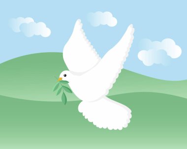 Bulutlu bir manzarada zeytin dalı olan beyaz bir güvercin. Barış için illüstrasyon. Poster, vektör