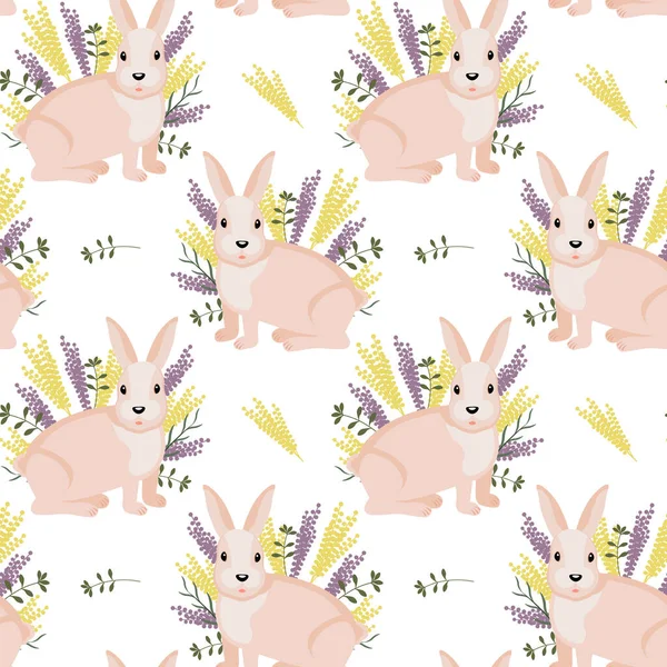 Kusursuz desen, güzel bej tavşanlar ve beyaz arka planda yabani çiçekler. Yazdırma, tekstil, duvar kağıdı, tatil dekorasyonu