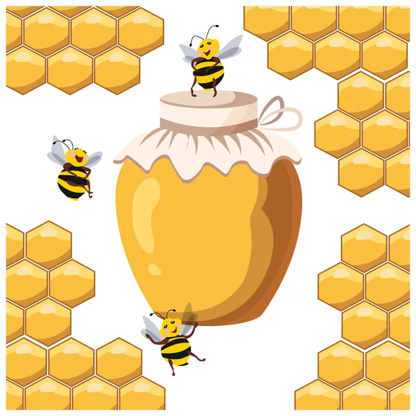 Illustration Honig Und Imkerei Glasgefäß Mit Honig Und Bienen Auf — Stockvektor