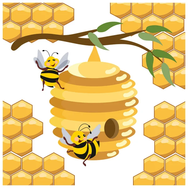 Illustration Honig Und Imkerei Natürliche Bienenstöcke Auf Einem Ast Und — Stockvektor