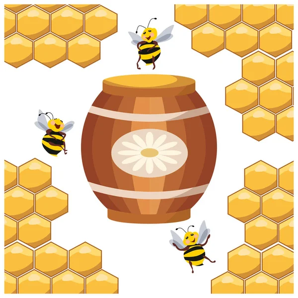 Illustration Honig Und Imkerei Holzfass Mit Honig Und Bienen Auf — Stockvektor