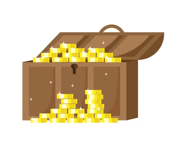 Illustration Holzkiste Mit Geld Und Goldglänzenden Münzen Auf Weißem Hintergrund — Stockvektor