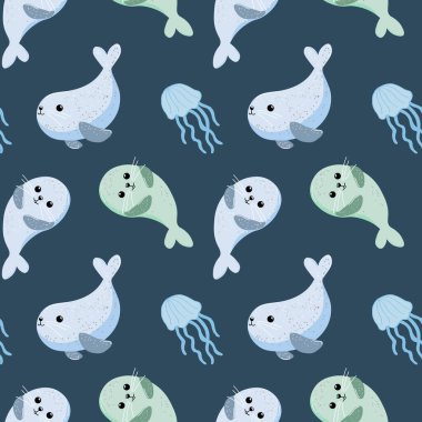 Kusursuz desenli, şirin bebek balinalar ve mavi arka planda denizanası. Deniz hayvanlarından bir desen. Tekstil, çocuklar için baskı.