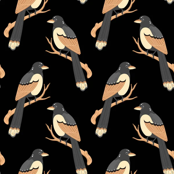 无缝图案 画上五彩斑斓的喜鹊 坐在树枝上 背景是黑色的 印刷品 纺织品 胶粘剂 — 图库矢量图片