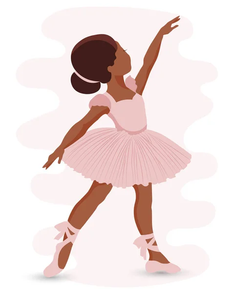 一个穿着粉红裙子和带丝带的尖鞋的小女孩芭蕾舞演员的例子 那个女孩在跳舞 印刷品 剪贴画 — 图库矢量图片