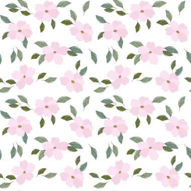 Kusursuz pembe çiçek deseni ve beyaz arka planda dağınık yapraklar. Yazdırma, tekstil, festival ambalajı, düğün için dekor